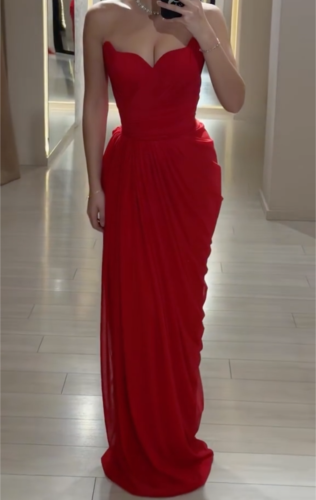 Red Sweetheart Neck Strapless Chiffon Maxi Dress with Draped Skirt