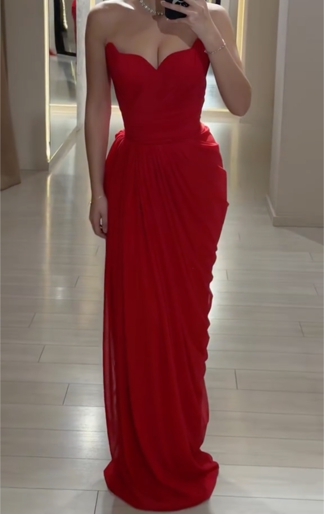 Red Sweetheart Neck Strapless Chiffon Maxi Dress with Draped Skirt