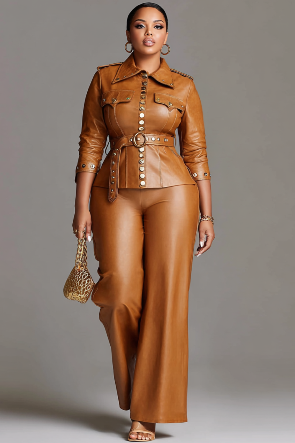 Business Casual Brown Shirt Collar Studded Elegant Pocket PU Leather Two Piece Pant Suits