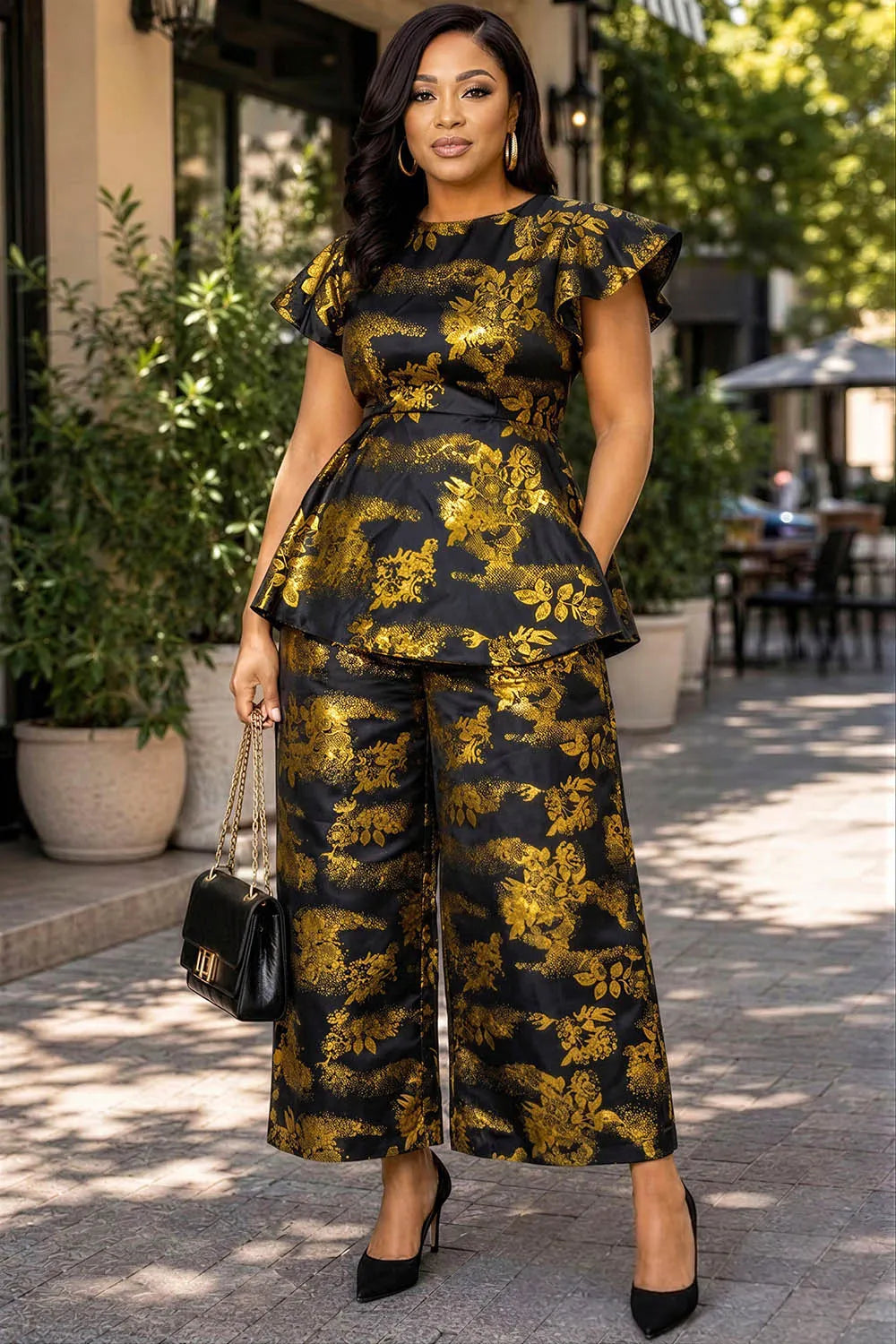 Business Casual Gold Round Neck Flutter Sleeve Short Sleeve Pocket Ruffle Two Piece Pant Sets [Pre-Order]