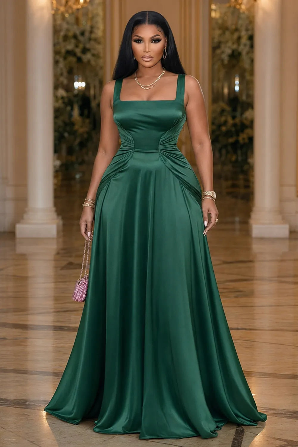 Wide Strap Square Neck Ruched Cinch Waist Maxi Dresses-Green [Pre Order]