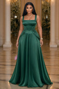 Wide Strap Square Neck Ruched Cinch Waist Maxi Dresses-Green [Pre Order]