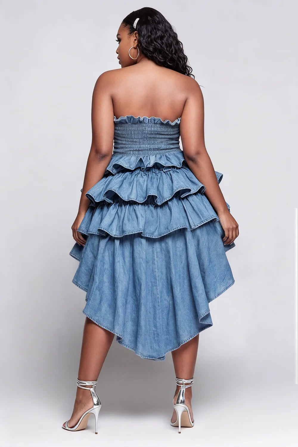Party Elegant Blue Strapless Ruffle Tiered Tencel Denim Mini Dresses [Pre-Order]