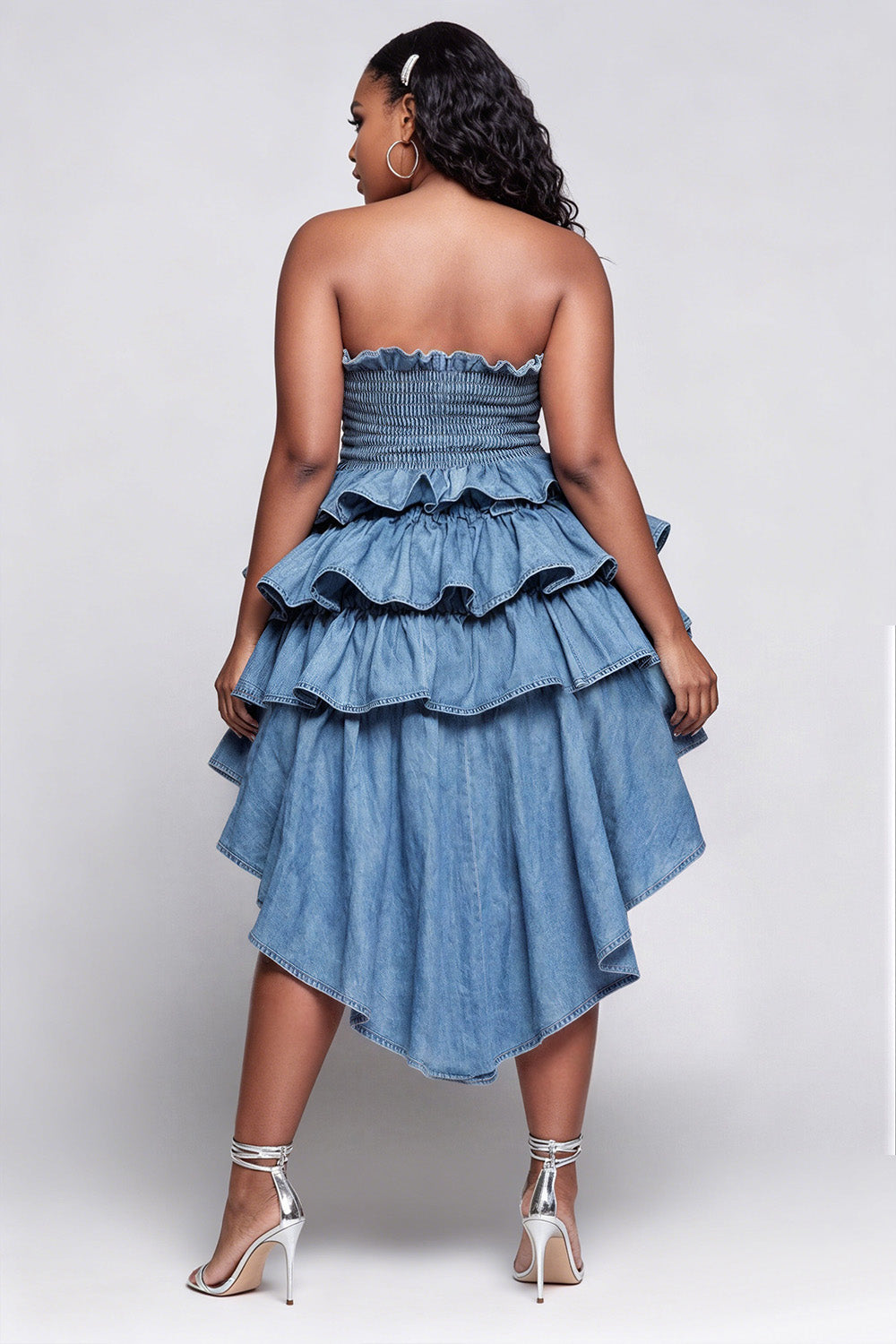 Xpluswear Design Plus Size Party Elegant Blue Strapless Ruffle Tiered Tencel Denim Mini Dresses [Pre-Order]
