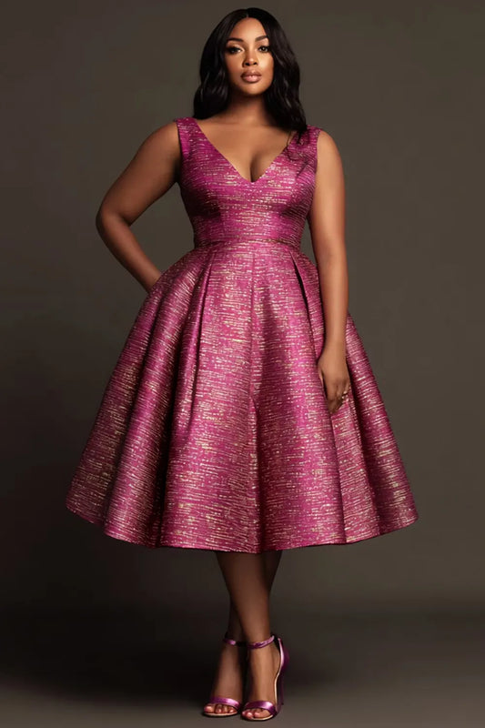 Cocktail Party Elegant Hot Pink V Neck Pocket Pleated Satin Midi Dresses