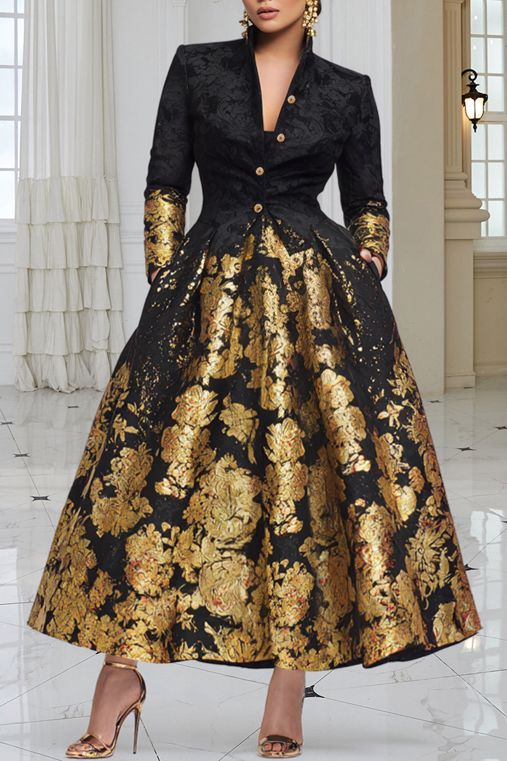 Churchs Black Graphic Long Sleeve Pocket Elegant Button Satin Maxi Dresses