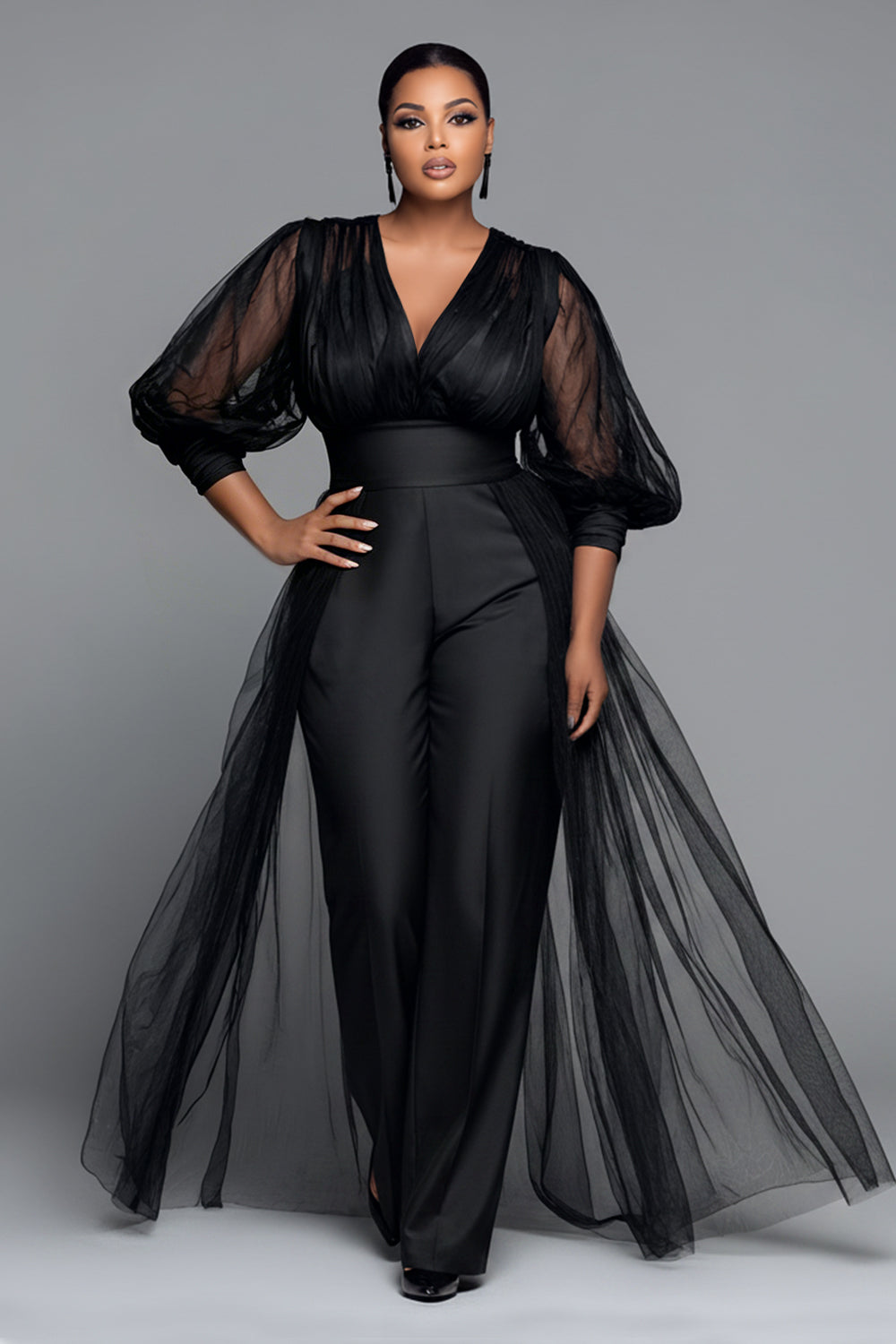 Tulle Black V Neck Lantern Sleeve 3/4 Sleeve With Skirt Overlay See Through Satin Jumpsuits