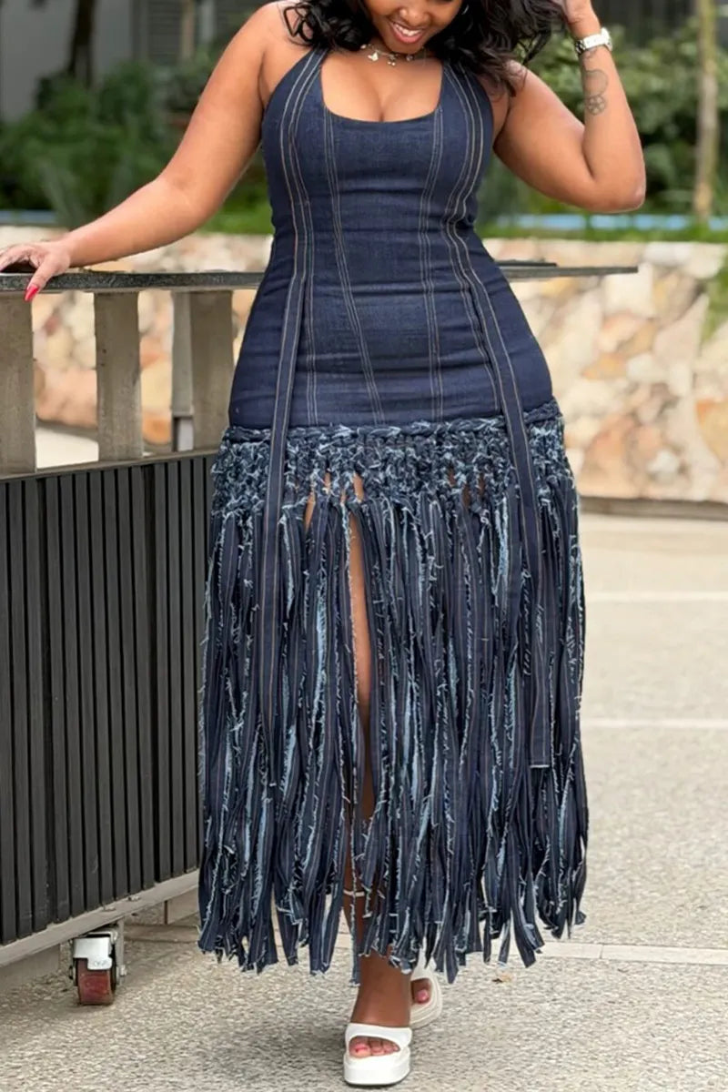 Women's Casual Denim Fringe Hem Halter Dress