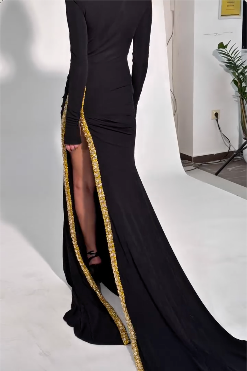 Opulent Black High-Neck Long-Sleeve Mermaid Maxi Dress with Gold Crystal Trim & High Slit