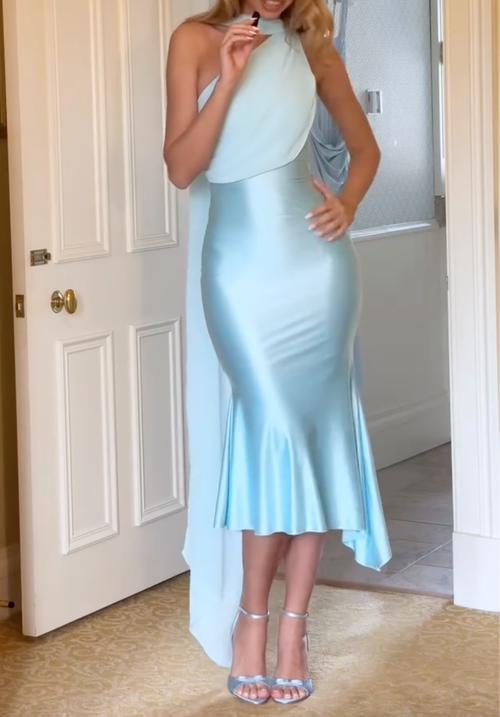 2-Color Halter Neck Midi Mermaid Dresses - White / Light Blue Formal Evening Gowns