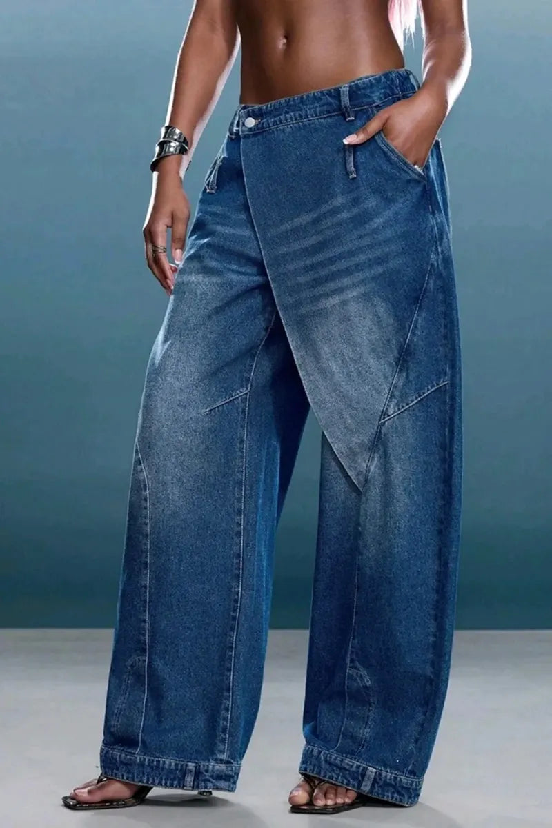 Women High Waist Wrap Over Denim Pants Relaxed Barrel Leg Cuffed Hem Jeans