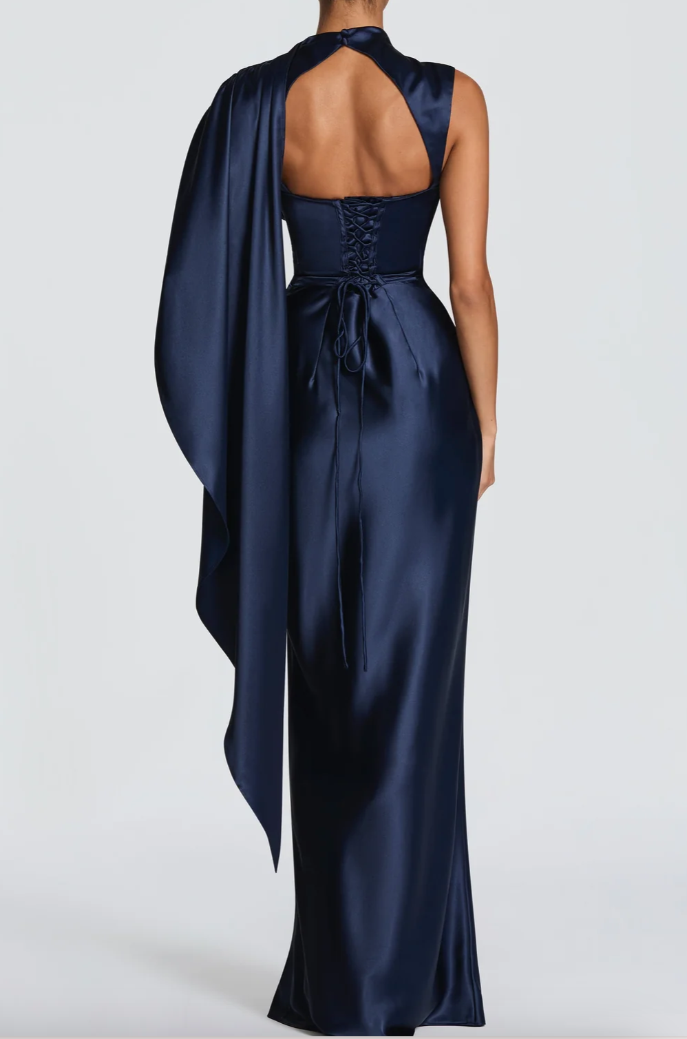 Navy Blue Satin Mermaid Evening Dress, Elegant Strapless Formal Gown with Cowl Neck & Lace Up Back