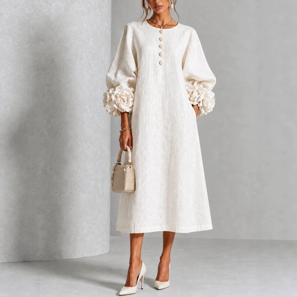 Elegant 3D Floral Cuff Button-Front Midi Dress