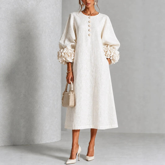 Elegant 3D Floral Cuff Button-Front Midi Dress