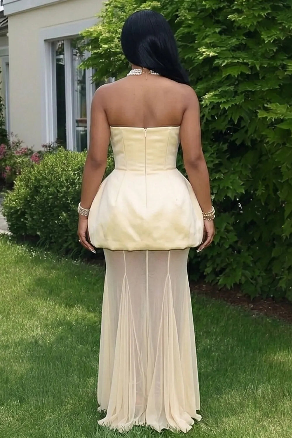 Strapless See Through Mesh Patchwork Gowns Maxi Dresses-Yellow [Pre Order]