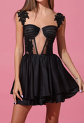 Black Lace Appliqué Bustier Mini Dress