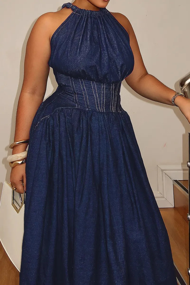 Women‘s Elegant Waist-Defined Denim Dress
