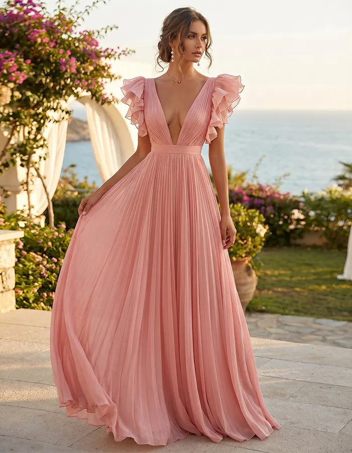 Pink Deep V-Neck Flutter Sleeve Pleated Chiffon Maxi Dress