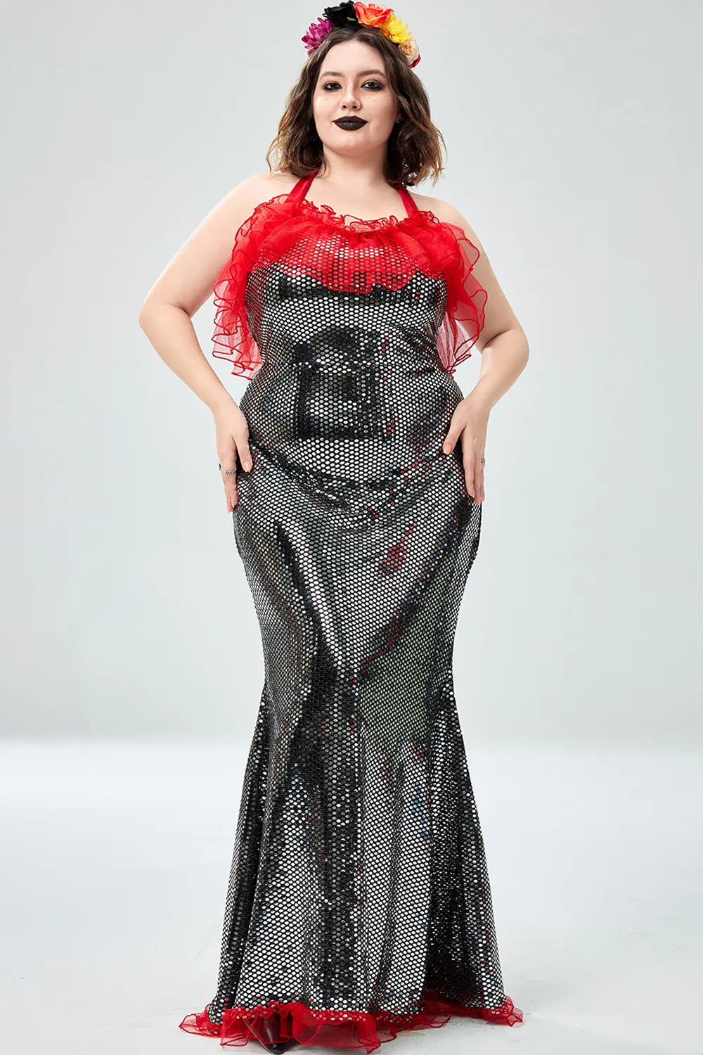 Halloween Costume Black Mermaid Gothic Overlay Ruffle Sequin Maxi Dress(Ships 24h)