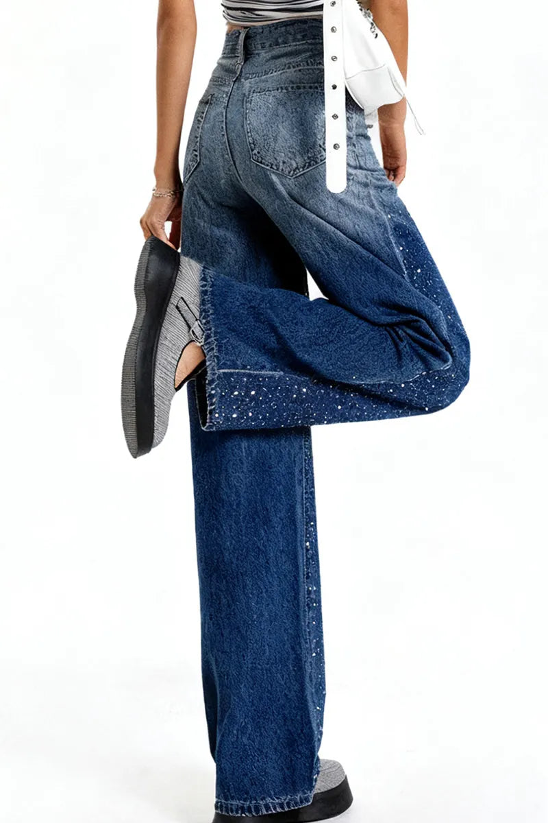 Women's Blue Gradient Rhinestone-Dazzled Jeans