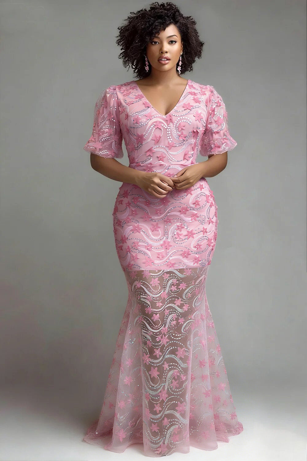 Pink V Neck Short Sleeve 3D Elegant Mermaid Maxi Dresses
