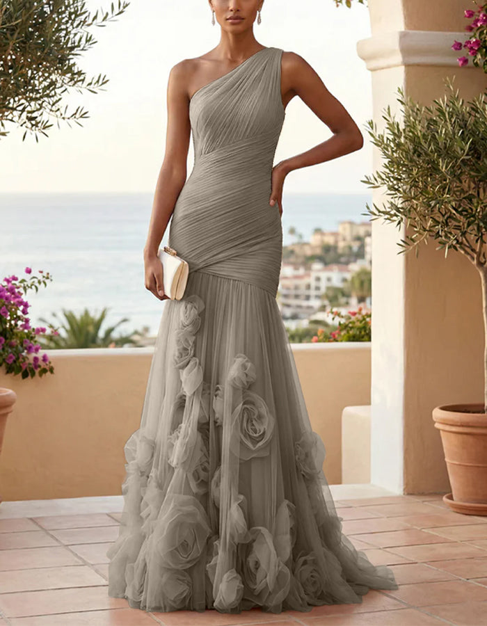Solid Color One Shoulder 3D Floral Mesh Fishtail Maxi Dress