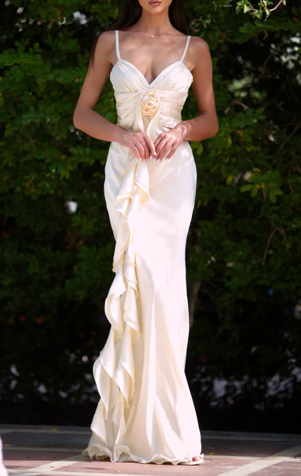 Ivory Satin Ruffled Mermaid Maxi Dress