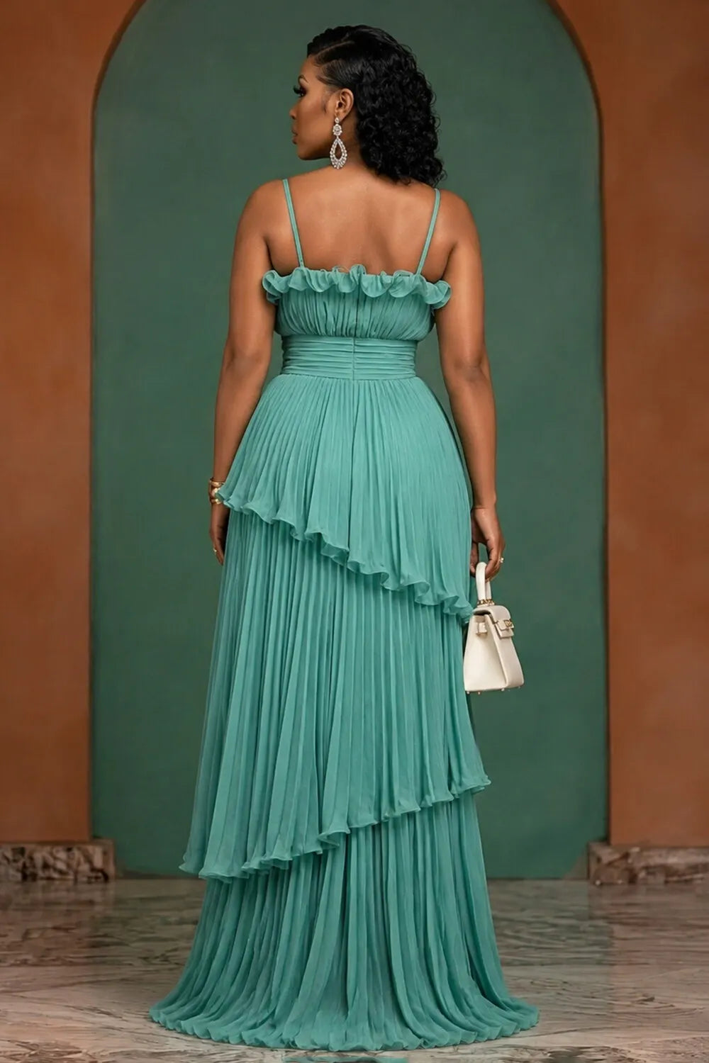 Ruffle Pleated Spaghetti Strap Vacation Maxi Dresses-Turquoise [Pre Order]