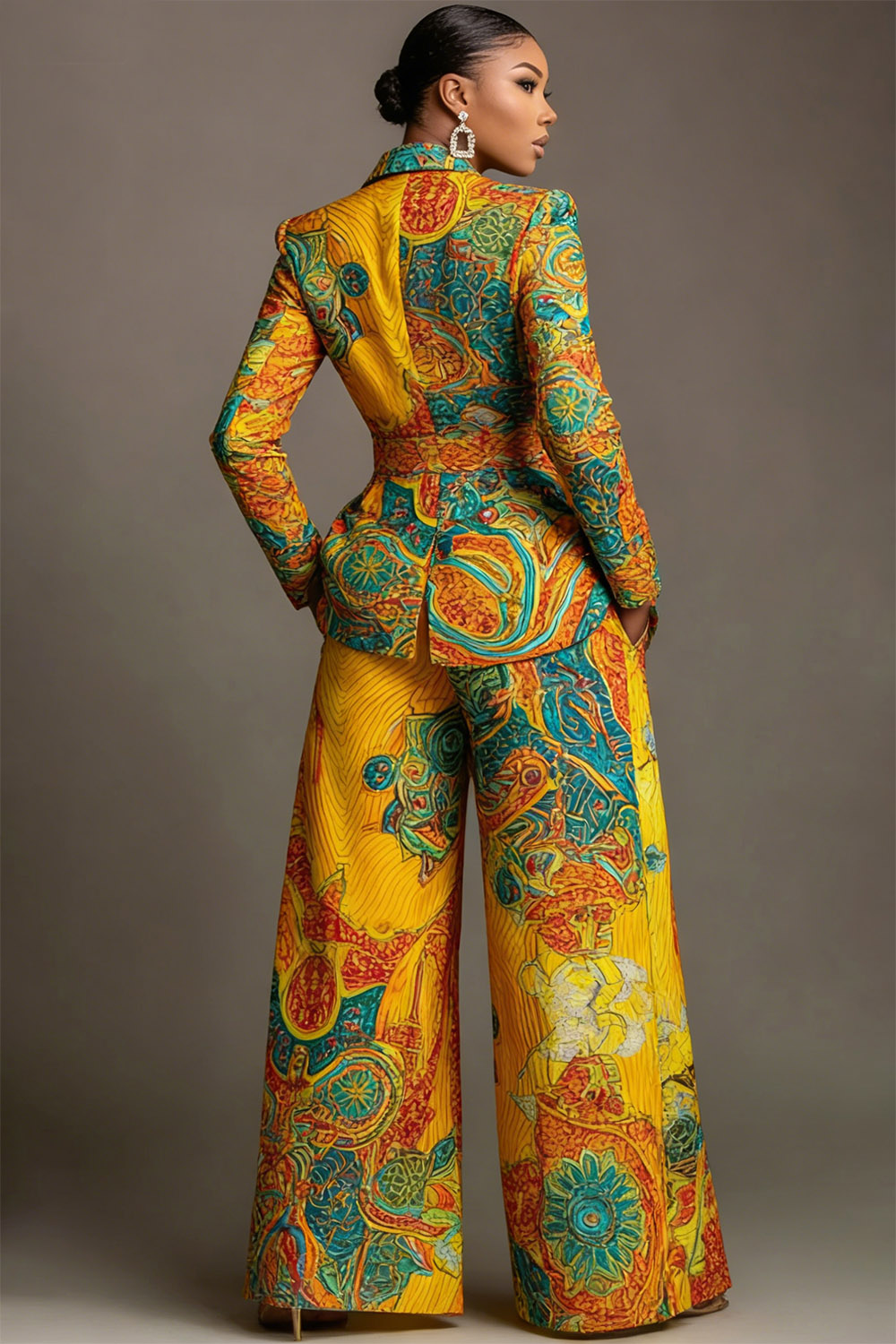 Yellow African Print Lapel Collar Long Sleeve Pocket Wide Leg Two Piece Pant Suits