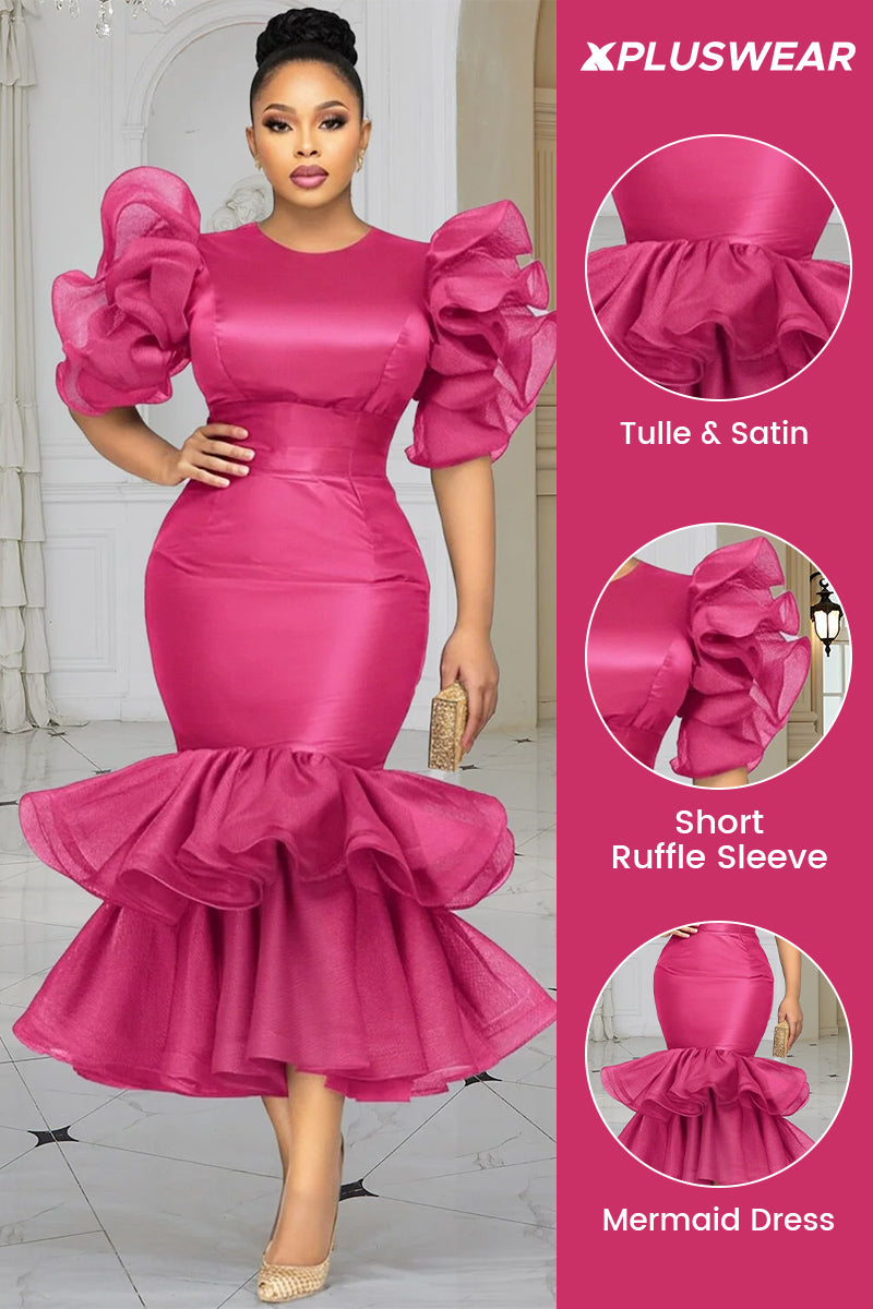 Wedding Guest Tulle Hot Pink Round Neck Short Sleeve Ruffle Tiered Satin Midi Dresses