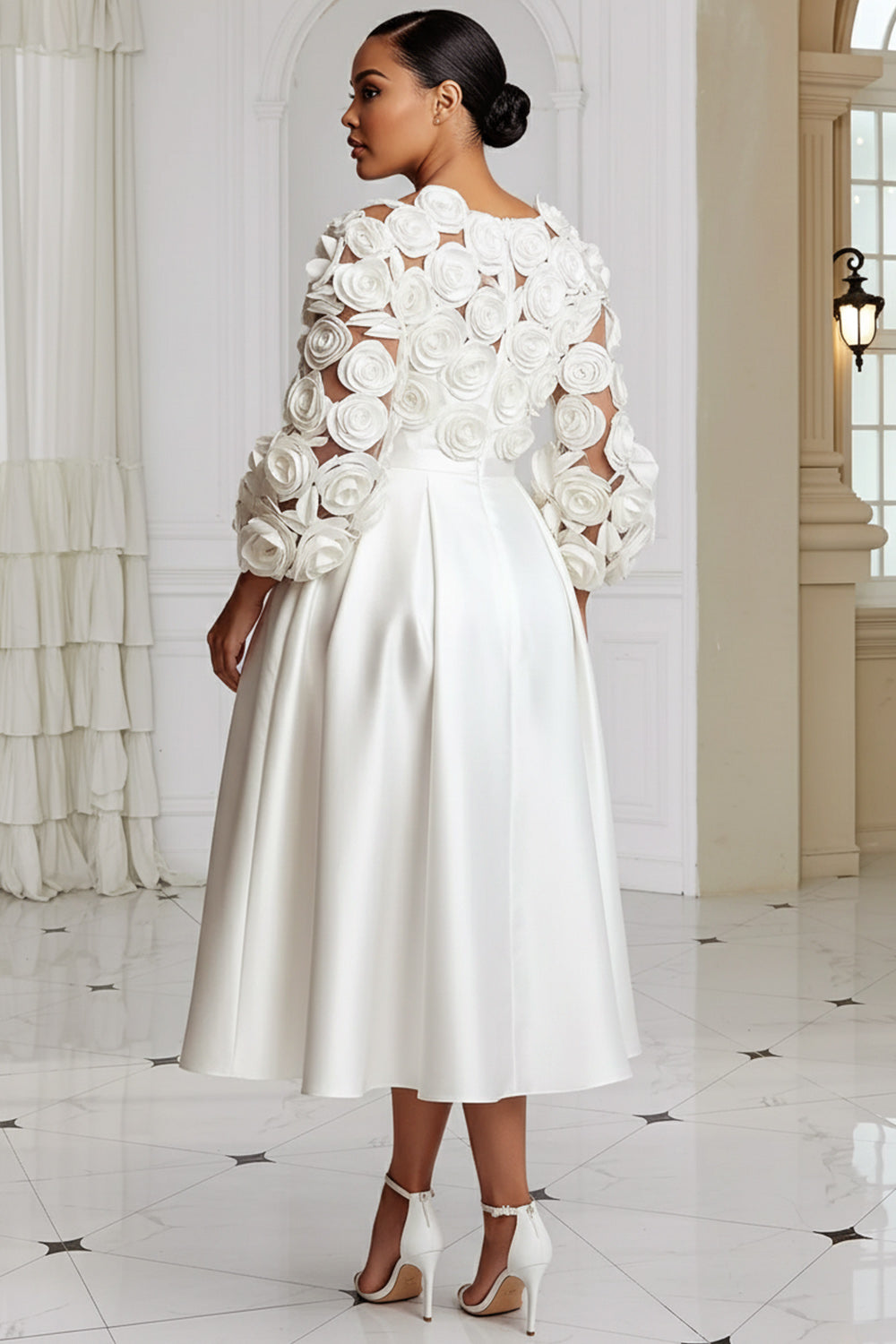 Wedding Black Round Neck 3/4 Sleeve 3D Elegant Pocket Satin Midi Dresses