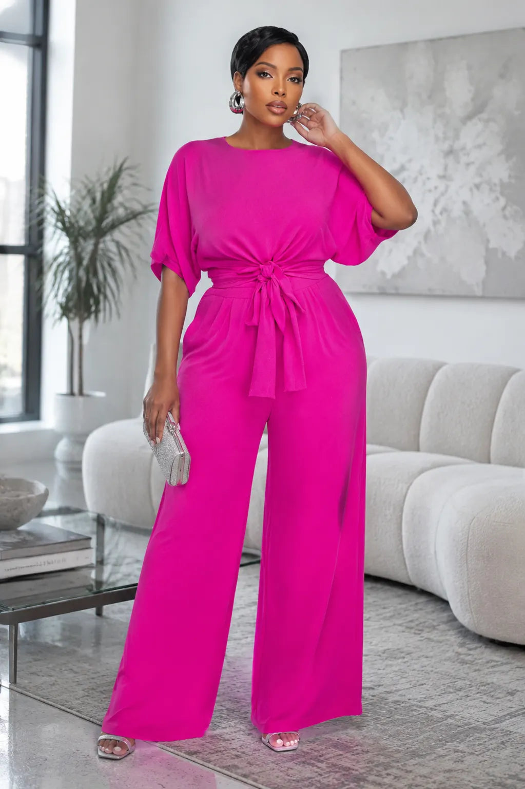 Daily Casual Hot Pink Round Neck Short Sleeve Pocket Fold Two Piece Pant Sets