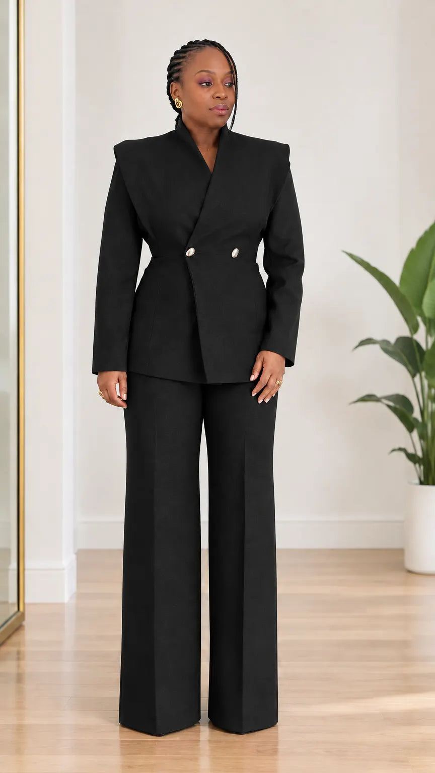 Women's Sculpted Collar Double-Breasted Blazer and Wide-Leg Pants 2-Piece Suit Set