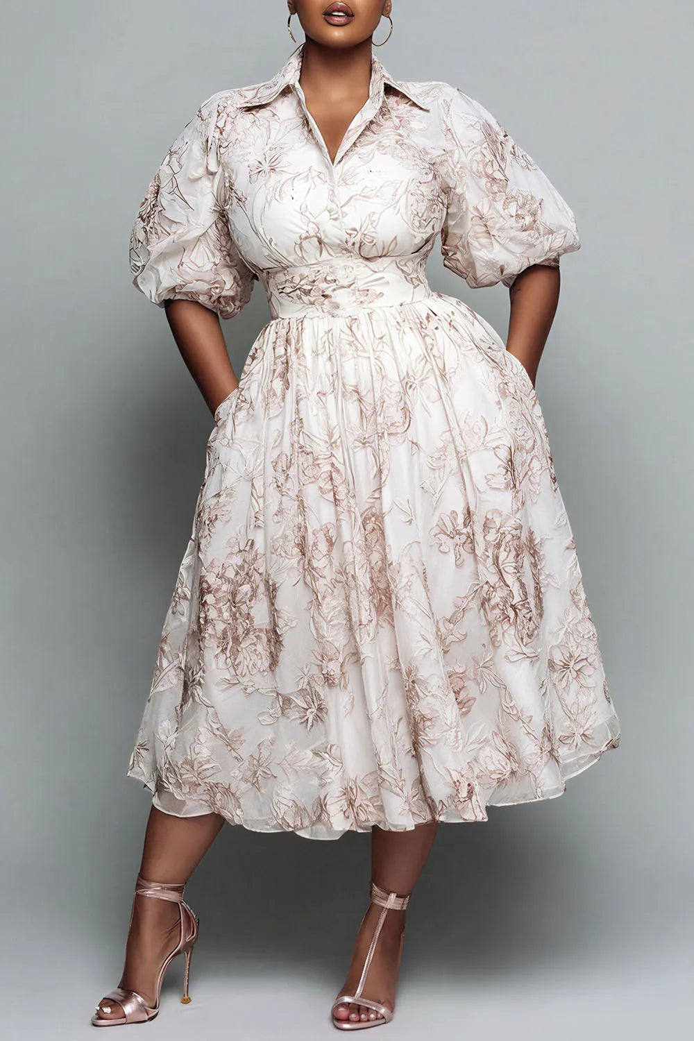 Business Casual White Shirt Collar Puff Sleeve Short Sleeve Pocket Midi Dresses