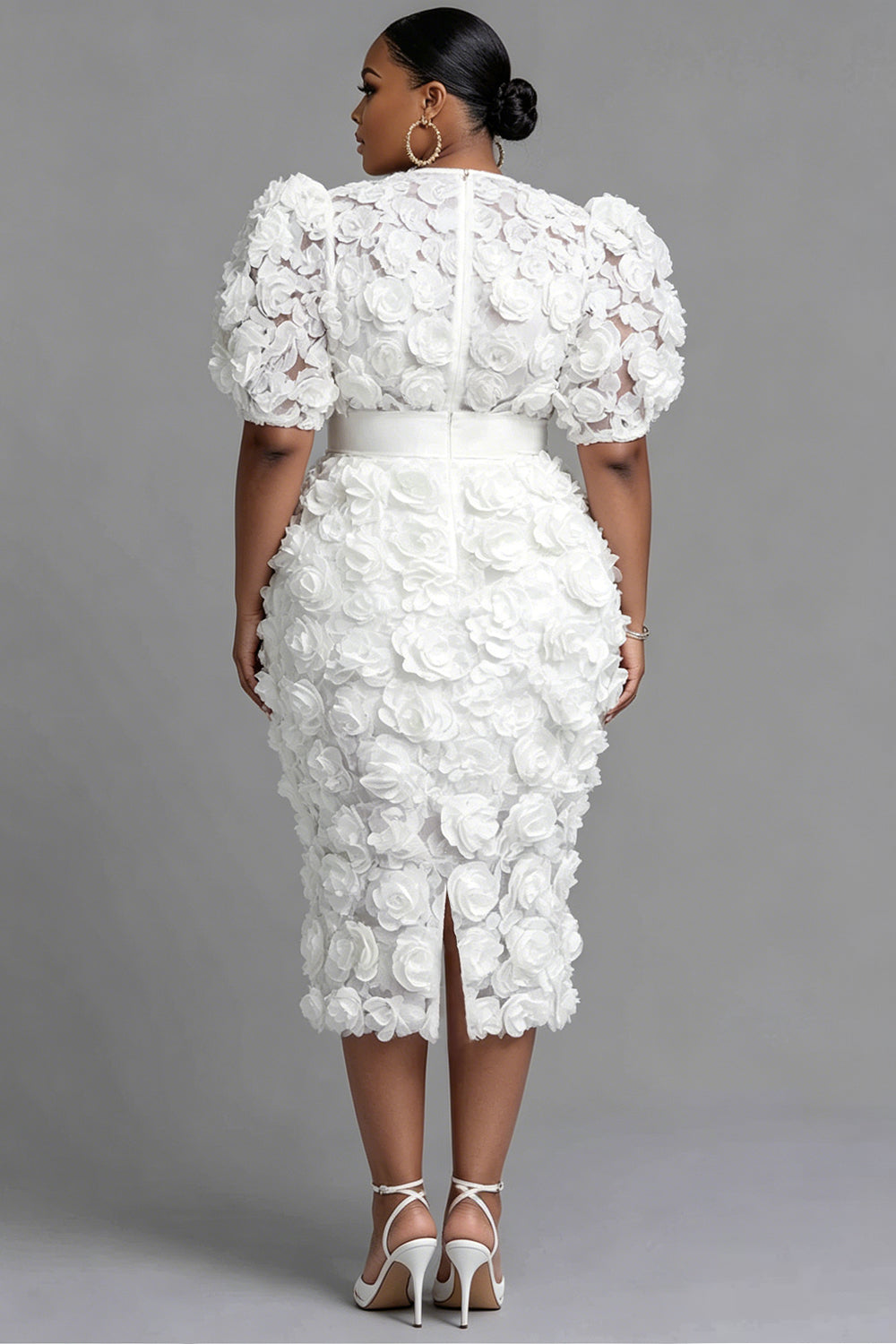 Cocktail Party White Round Neck Short Sleeve 3D Bodycon Two Piece Skirt Sets