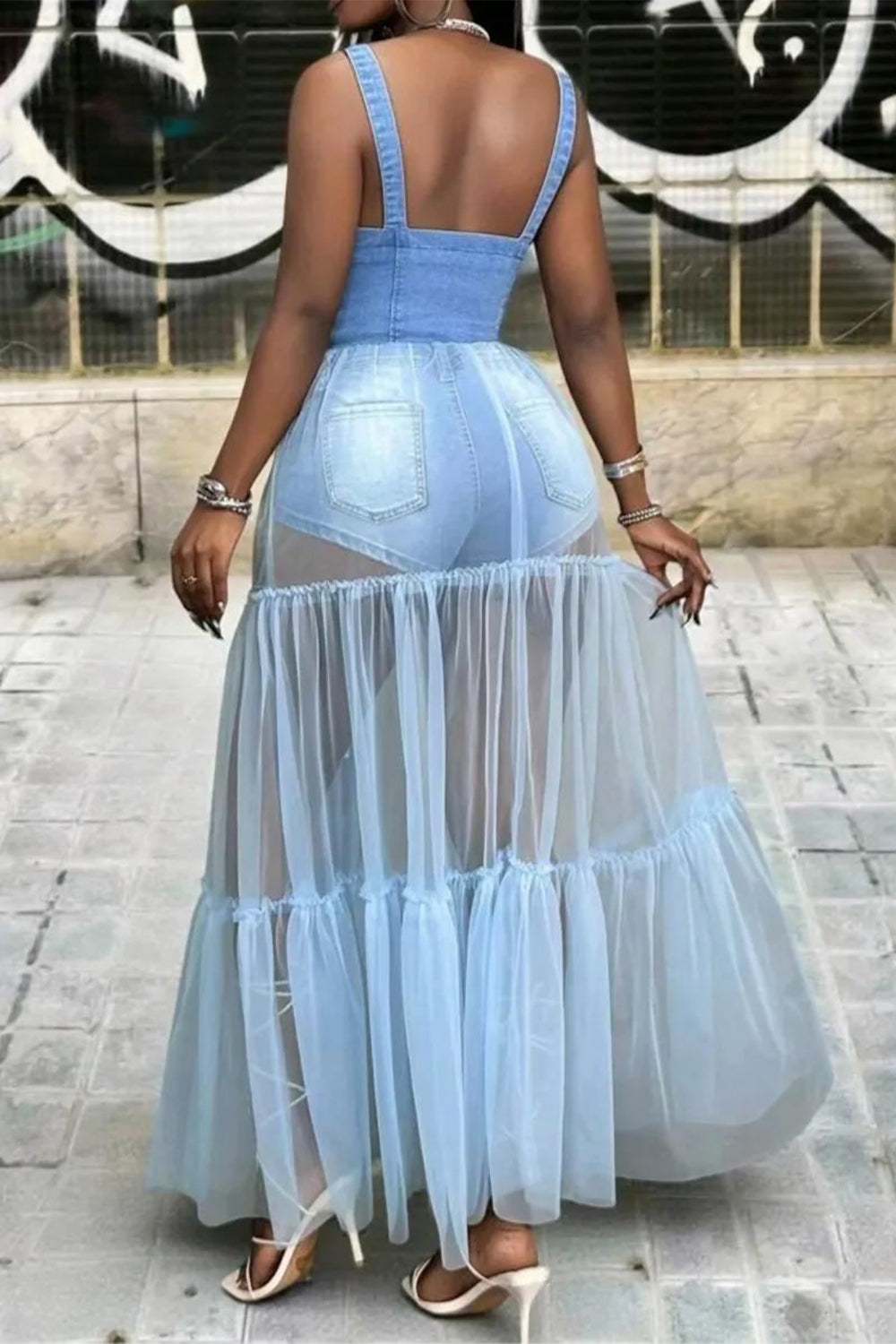 Plus Size Party Casual Blue Square Neck Contrast See Through Tencel Denim Tank Tops