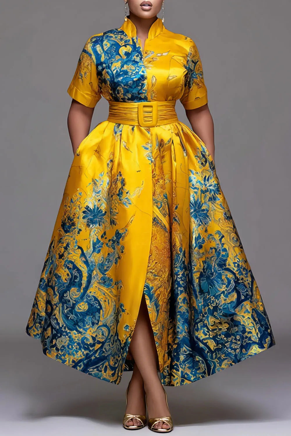 Yellow All Over Print Stand-Up Collar Short Sleeve Wrap Pocket Satin Midi Dresses
