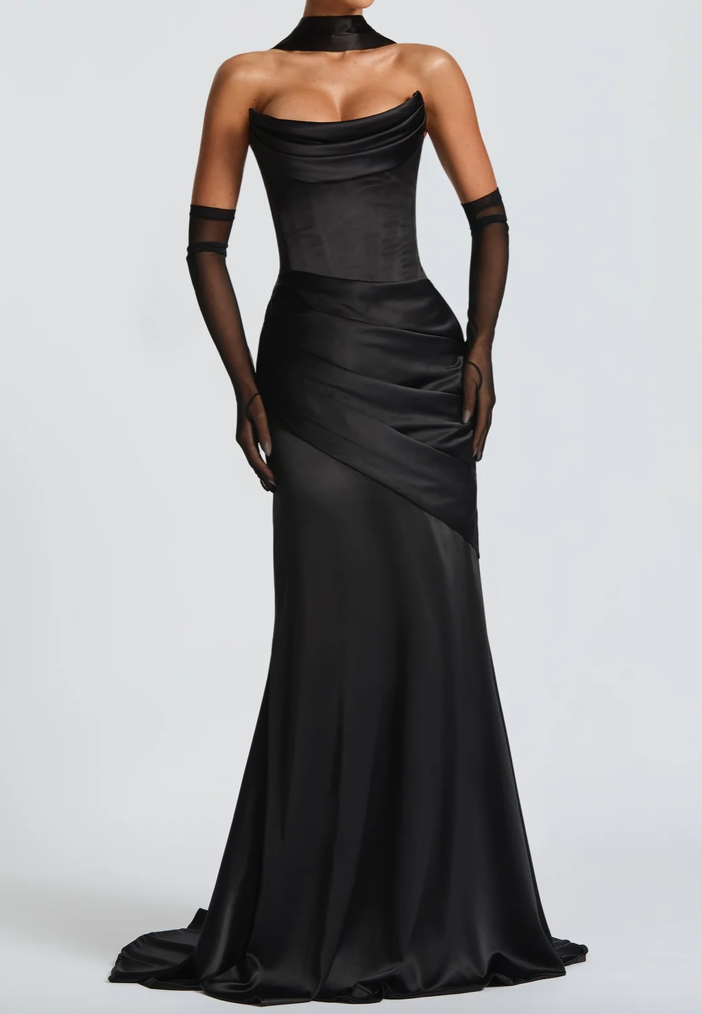 Black/Emerald Green Satin Cowl Neck Halter Maxi Dress with Corset Back & Draped Sash