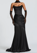 Black/Emerald Green Satin Cowl Neck Halter Maxi Dress with Corset Back & Draped Sash