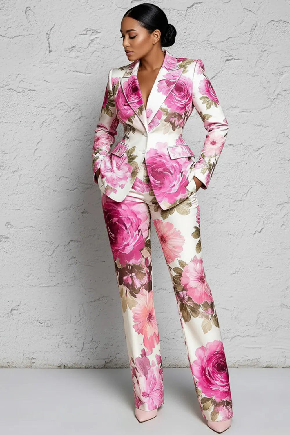 Yellow Floral Lapel Collar Long Sleeve Pocket Two Piece Pant Suits