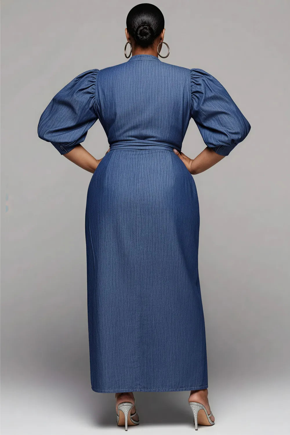 Xpluswear Design Plus Size Business Casual Blue Mock Neck Half Sleeve Split Elegant Denim Maxi Dresses