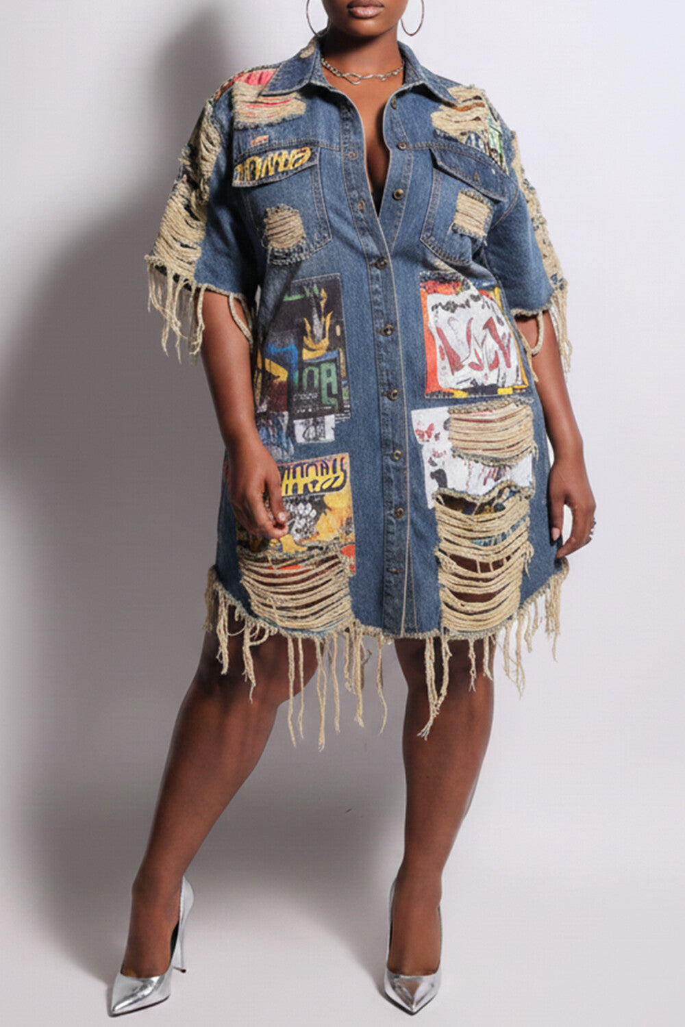 Xpluswear Design Plus Size Party Blue Graphic Shirt Collar Short Sleeve Distressed Denim Mini Dresses