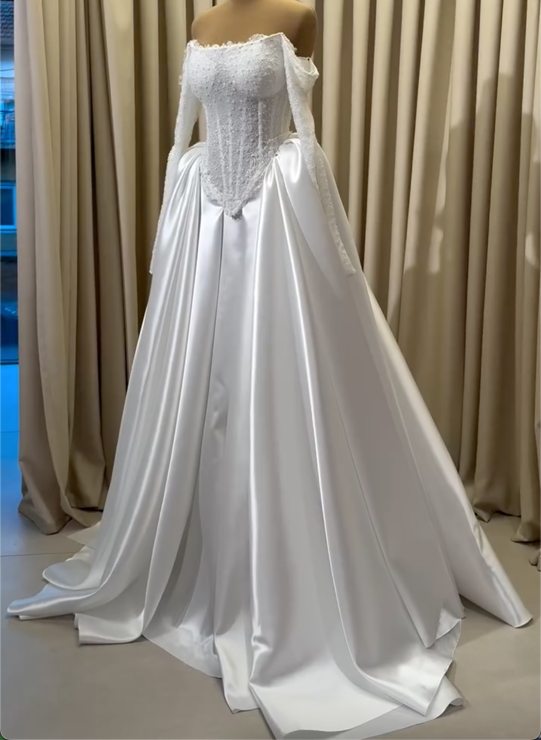 White Off-the-Shoulder Lace & Satin Ballgown Wedding Dress