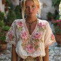 Bohemian Style Rose Embroidery V-neck Casual Short-sleeved Vintage Top