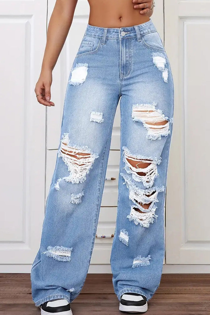 Women's Versatile Washed High-Waisted Loose Jeans