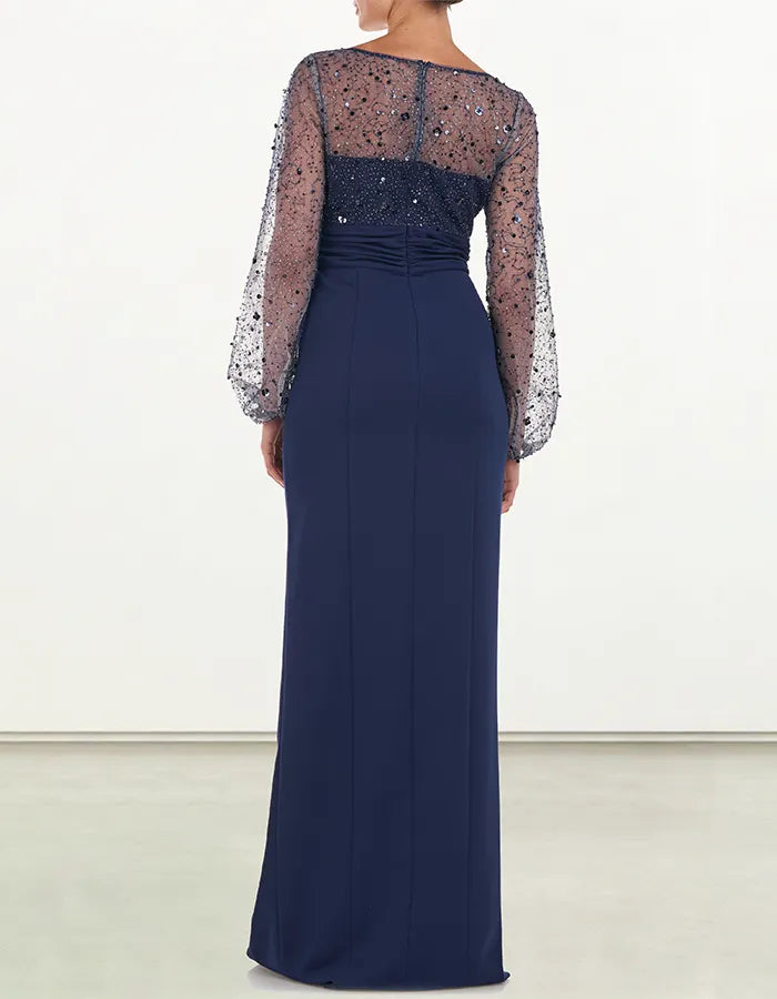 Rhinestone mesh fitted waist maxi dress