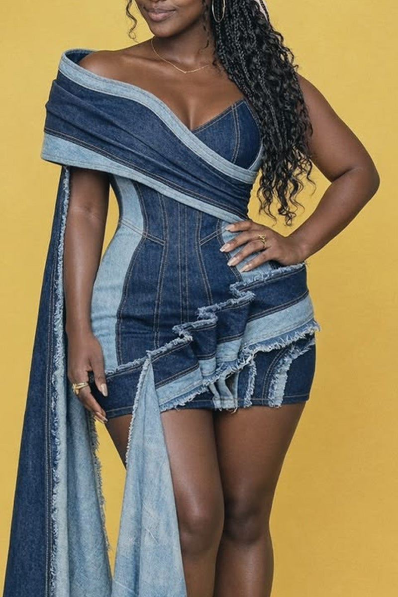Women Color Block Denim Off The Shoulder Wrap Dress Raw Edge Tier Ruffle Trailing Hem Bodycon Dress