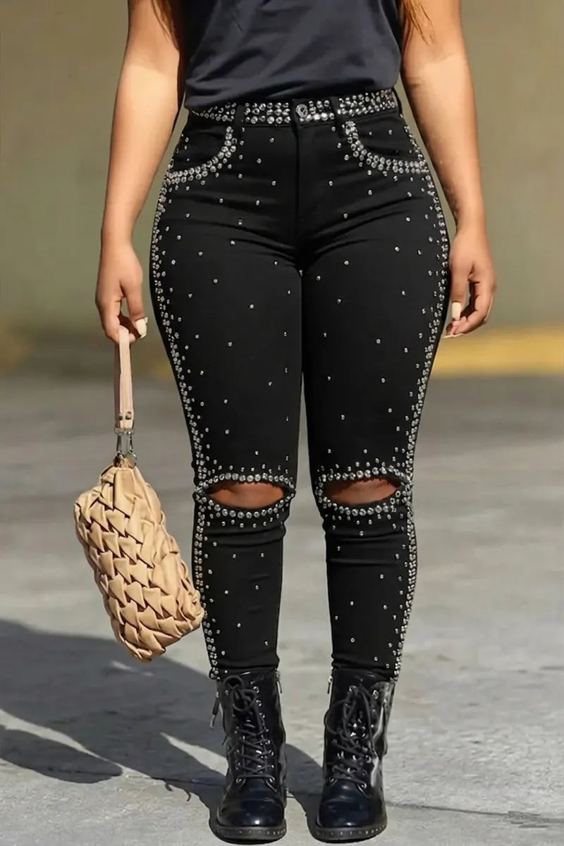 Women's Casual Rhinestone Ripped Skinny Jeans