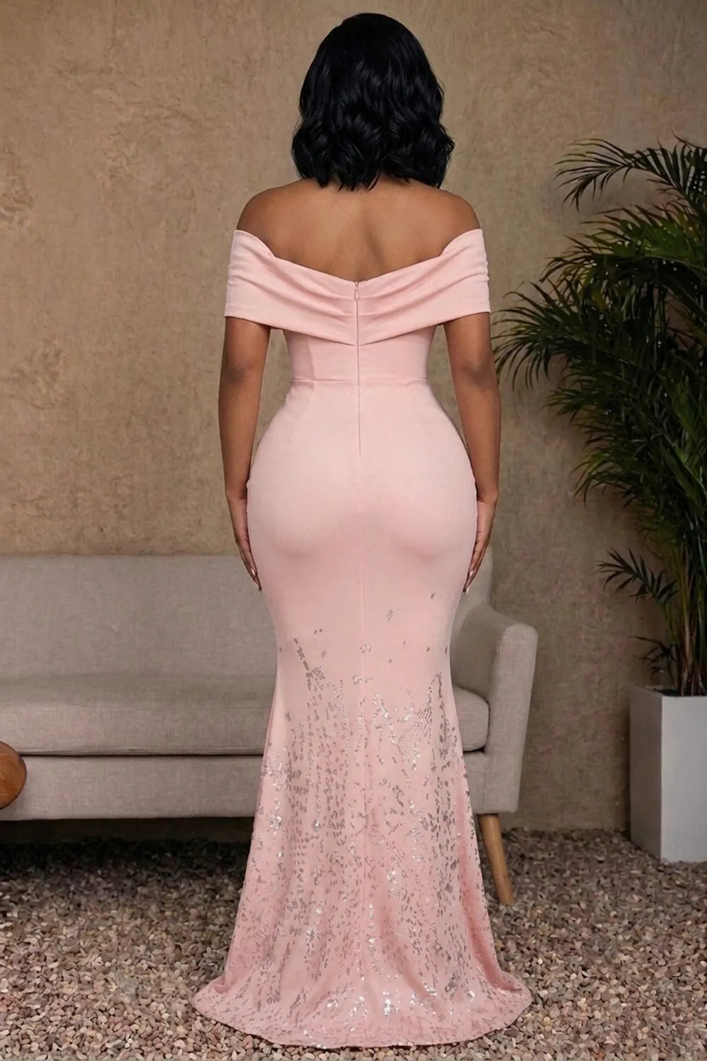 Off Shoulder Fine Glitter Mermaid Slim Gowns Maxi Dresses-Pink [Pre Order]