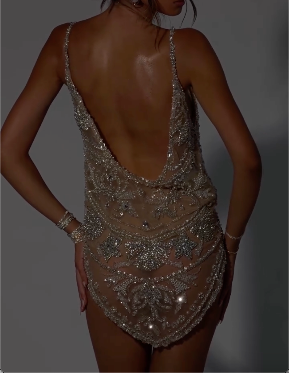 Champagne Sheer Rhinestone Embellished Bodysuit, Formal Outfit for Photoshoot Wedding Gala Birthday Party